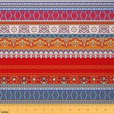 an orange, red and blue striped fabric with paisley designs on it's sides