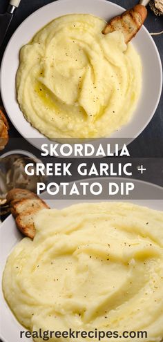 two plates filled with mashed potatoes on top of a black tablecloth and text overlay that reads, skordala greek garlic + potato dip