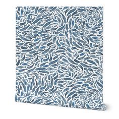 an abstract blue and white wallpaper design with wavy lines on the bottom half of it