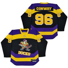 Charlie Conway Ducks #96 Hockey Jersey Black Throwback Jersey For Sports Events, Throwback Black Jersey For Sports Events, Throwback Black Jersey For Sports Season, Throwback Jersey With Team Logo, Sporty Black Jersey With Three Stripes, Mighty Ducks Jersey, Charlie Conway, Supreme Hockey Jersey, Retro Hockey Jersey