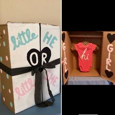 the baby shower gift box is made out of cardboard and has a pink bodysuit on it