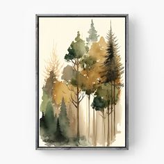 a watercolor painting of trees in the woods