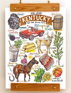 a kentucky state map is hanging on a wall with other things to see and do