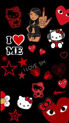 i love me stickers on a black background with red hearts and other heart shapes