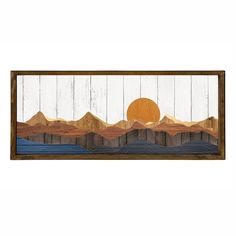 a painting on wood with mountains and the sun