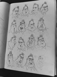 an open book with various cartoon faces drawn on it's pages and in the middle, there is a pencil drawing of several men