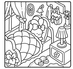 a black and white drawing of a child's bedroom