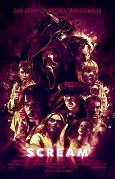 scream movie poster with many people in the background and one person standing on top of them