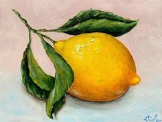 a painting of a lemon with green leaves