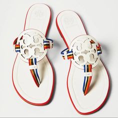 New With Tags White Sandals With Branded Heel Counter, White Flat Heel Sandals With Branded Heel Counter, Designer Multicolor Flat Sandals, Designer White Sandals With Cushioned Footbed, Rainbow Band, Tory Burch Sandals, Chic Leather, Leather Flip Flops, Flip Flop Shoes