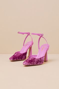 Luxe party looks just aren't complete without the Lulus Jannice Mauve Crushed Velvet Ankle Wrap Heels! These fun heels have a soft, crushed velvet construction that shapes a pointed-toe upper with a squared, low-cut collar. Slender straps sprout from the sides to wrap around the ankle and secure with a small silver buckle, all atop a chic sculpted heel. 3. 75" sculpted heel. Cushioned insole. Felted rubber sole has nonskid markings. Man Made Materials. Imported. Lulus | Jannice Mauve Crushed Velvet Ankle Wrap Heels | Size 6.5. Purple Synthetic Heels With Wrapped Heel, Purple Velvet Heels, Purple 4-inch Heel Ankle Strap Heels, Pink Mules With 4-inch Heel And Open Heel, Ankle Wrap Heels, Purple 4-inch Heel Synthetic Heels, Fun Heels, Size 11 Heels, Wrap Heels