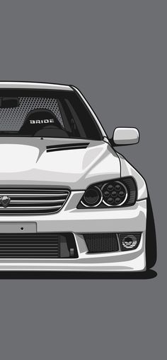 the front end of a white car on a gray background with black and white lines