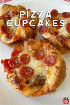 three pepperoni pizza cupcakes on a white plate with the title overlay