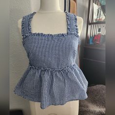 Francescas Blue Checkered Open Back Top - New With Tags, Tye Back Blue Summer Tops For Picnic, Blue Summer Top For Picnic, Blue Cotton Top For Picnic, Blue Fitted Top For Picnic, Fitted Blue Tops For Picnic, Fitted Blue Top For Picnic, Trendy Blue Top For Picnic, Trendy Blue Tops For Picnic, Beachy Boho Style