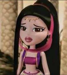 an animated doll with long black hair wearing a purple dress