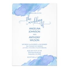 the blue watercolor wedding card is shown