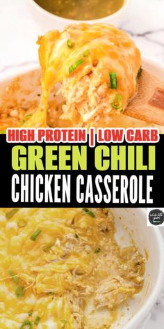 green chili chicken casserole in a white bowl with text overlay that reads, high protein low carb green chili chicken casserole