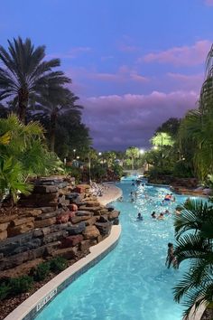 people are swimming in an outdoor pool at dusk or dawn with palm trees surrounding it