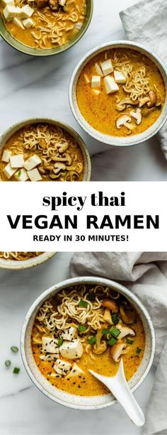 three bowls of vegan ramen with text overlay