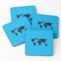 four blue coasters with a world map on them