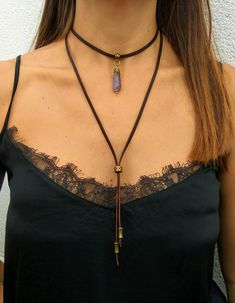 Leather Choker Necklaces for Women, Amethyst Gemstone Choker, Boho Choker, Bohemian Choker, Stone Choker, Gem Jewelry, Boho Jewelry, Endia