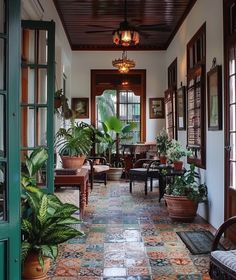 a hallway with potted plants on the floor and green doors leading to another room