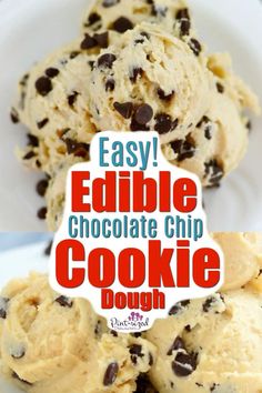 easy edible chocolate chip cookie dough on a white plate with text overlay that reads easy edible chocolate chip cookie dough