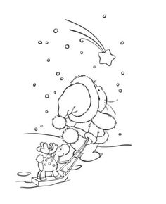 a coloring page with a teddy bear on a sled