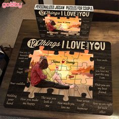 two personalized puzzles with the words i love you and an image of a woman sitting on a bench