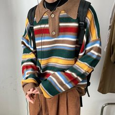 stripe collar sweater boogel apparel 90s Makeup, Street Dress, 90s Fashion Outfits, 90s Outfit, Collar Sweater, Mens Plus Size, Kawaii Clothes, Casual Sweaters, Kawaii Fashion