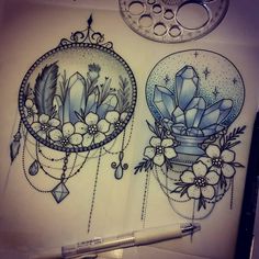 two drawings of flowers and feathers on paper next to a pen with scissors in it