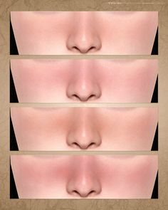 three different angles of a woman's nose with four sections showing the upper half and lower half