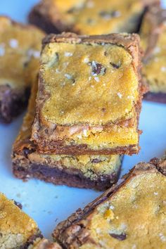 chocolate chip brownies are stacked on top of each other