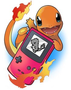 an image of a cartoon character holding up a gameboy with fire coming out of it