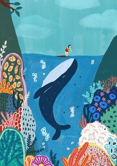 Suki McMaster Melbourne Artist Surfer and Whale Coral Wall Print Painting Art Projects, Wall Print, Punch Needle, Art Abstrait, Marine Life, Wall Art Print, Painting & Drawing, Art Wallpaper, Art Inspo