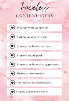 a pink marble background with the words faceless content ideas on it and instructions for how to use them