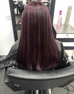 Dark Pink Streaks In Black Hair, Subtle Purple Highlights For Dark Hair, Pink Hilights Hair, Striped Dyed Hair, Magenta Highlights On Dark Hair, Black Hair With Pink Streaks, Red Stripes Hair, Dark Brown Hair With Pink, Pink Streaks In Brown Hair