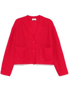 rose red cashmere fisherman's knit V-neck front button fastening long sleeves two front patch pockets straight hem Casual Cashmere Cardigan With Pockets, Cashmere Workwear Sweater In Red, Luxury Red Classic Cardigan, Red Cotton Crew Neck Cardigan, Cashmere Sweater Red, Red V-neck Knit Cardigan, V-neck Cashmere Cardigan With Pockets, Red V-neck Cardigan With Pockets, Yoko London