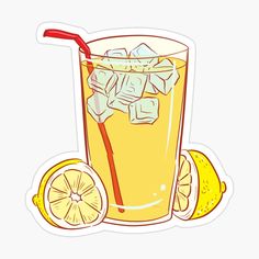 a glass of lemonade with ice and a straw on the rim next to sliced lemons