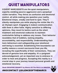 Covert Narcissist Awareness | Quiet manipulators: the masters of silent treatment and emotional tantrums. It’s like dealing with toddlers who skipped nap time, good luck... | Instagram Dark Empath, Psych 101, Narcissistic Mothers, Narcissistic Husband, Narcissism Quotes, Narcissism Relationships, Manipulative People, Mental Health Facts, Narcissistic Mother