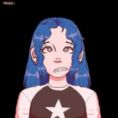 an anime character with blue hair wearing a black and white shirt, holding a star on her chest