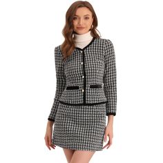 Modern and elegant, this suit set style with plaid tweed fabric. This chic outfit set designed with collarless, contrast panel, and long sleeves, adds a touch of elegance to your wardrobe. You can pair it with high heels for a vintage and fashionable look. Suitable for autumn/winter and many occasions, such as casual, office, work, business, meeting, dating, party, and weekend gatherings. Law Outfits, English Project, Teacher Fashion, Short Blazer, Work Fits, Tweed Shorts, Cropped Blazer Jacket, Dti Outfits, Women's Outfits