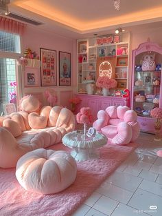 a room with pink furniture and decorations on the walls, carpeted in white tiles