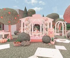 an animated image of a pink house surrounded by trees and bushes with flowers on it