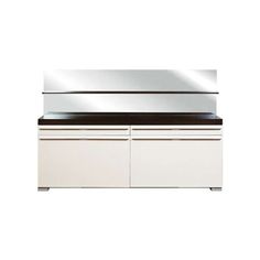 a white cabinet with two drawers and a mirror over it's top, against a white background