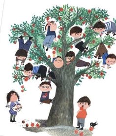 an apple tree with many children hanging from it