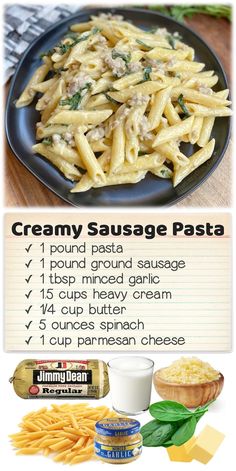 the recipe for creamy sausage pasta is shown