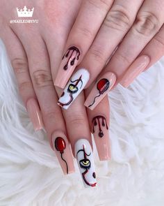 Crimson Nails Acrylic, It Clown Nails, Pennywise Nails, Halloween Nails Spooky, It Nails, Scary Nails, Unghie Sfumate