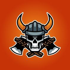 a skull wearing a helmet and holding two crossed axes with horns on it, in front of an orange background