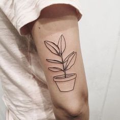 a small black and white plant tattoo on the arm